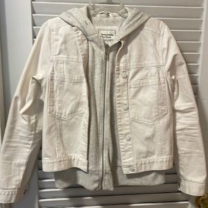 Abercrombie & Fitch white denim jacket layer with grey hoodie